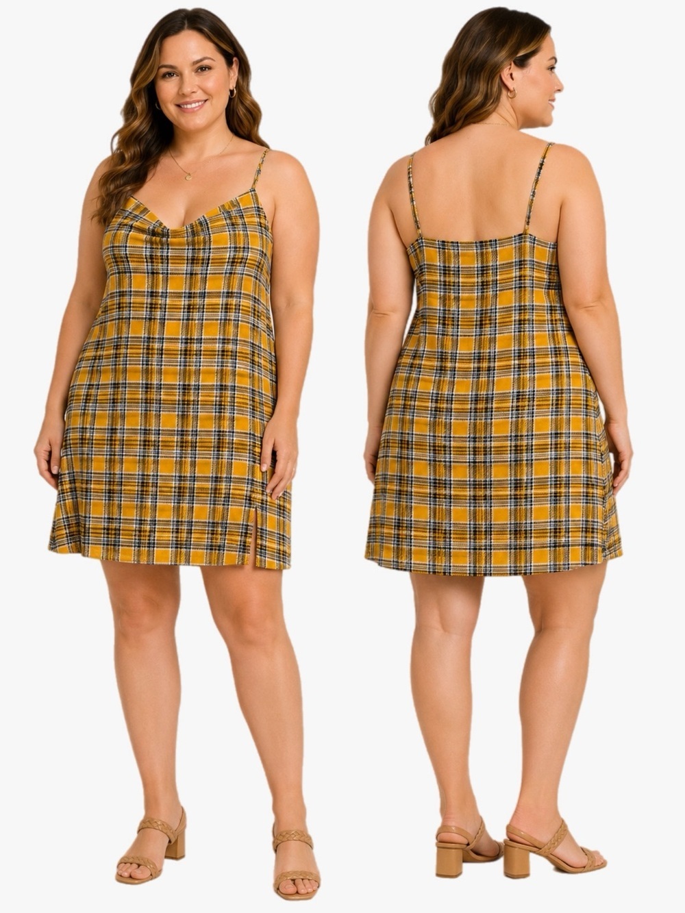 Rue 21 Y2K Style Plus Size 3X Plaid Cami Dress Mini Side Slit Yellow Black